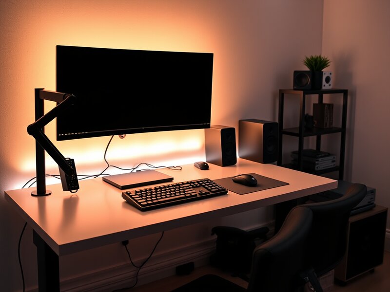 Clean organized home office desk with hidden cables, monitor arm, and ambient lighting