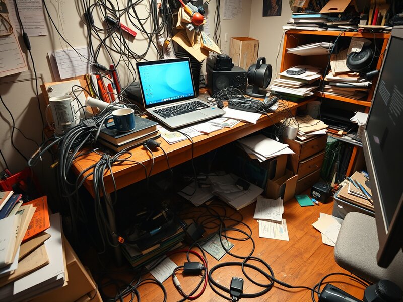 Cluttered home office desk with tangled cables, scattered papers, and disorganized accessories